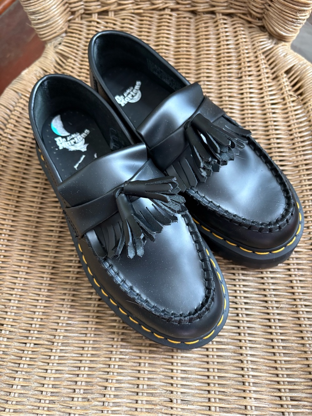 Dr. Martens Black Tassel Adrian Quad Loafers with Yellow Stitching